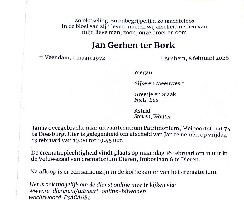 Overlijden Jan ter Bork